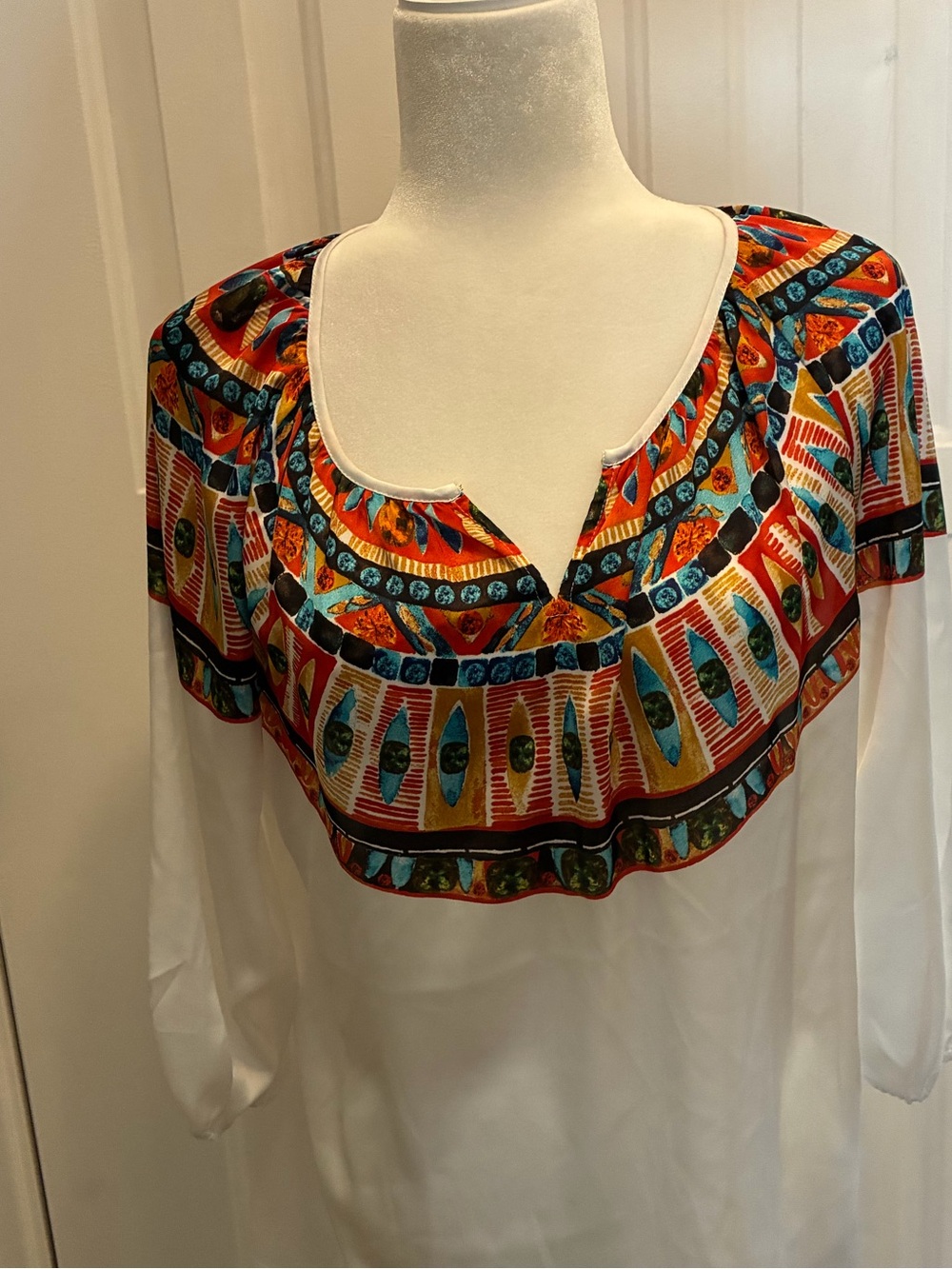 White Boho Peasant Top with Multicolor   Yoke